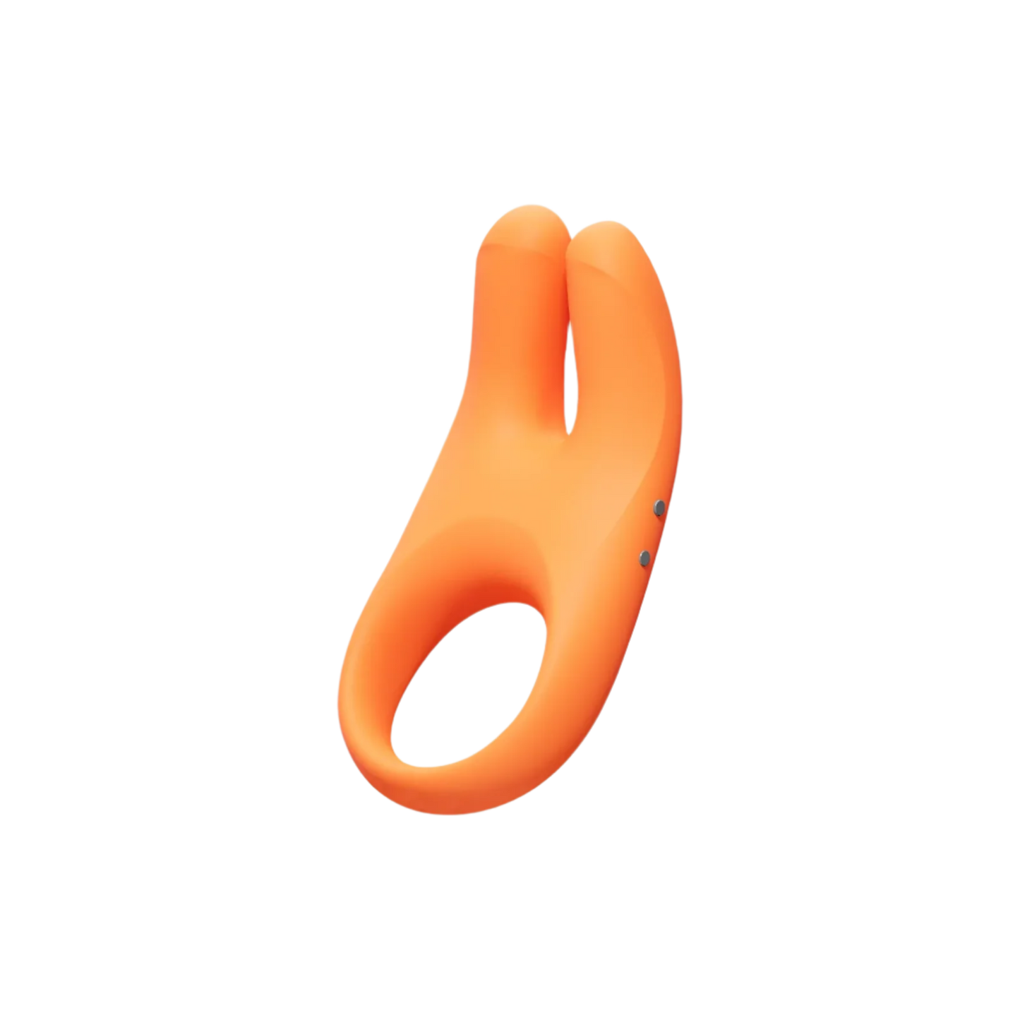 An orange silicone pleasure ring with a sleek, smooth design. It has a curved shape with a small button on one side.