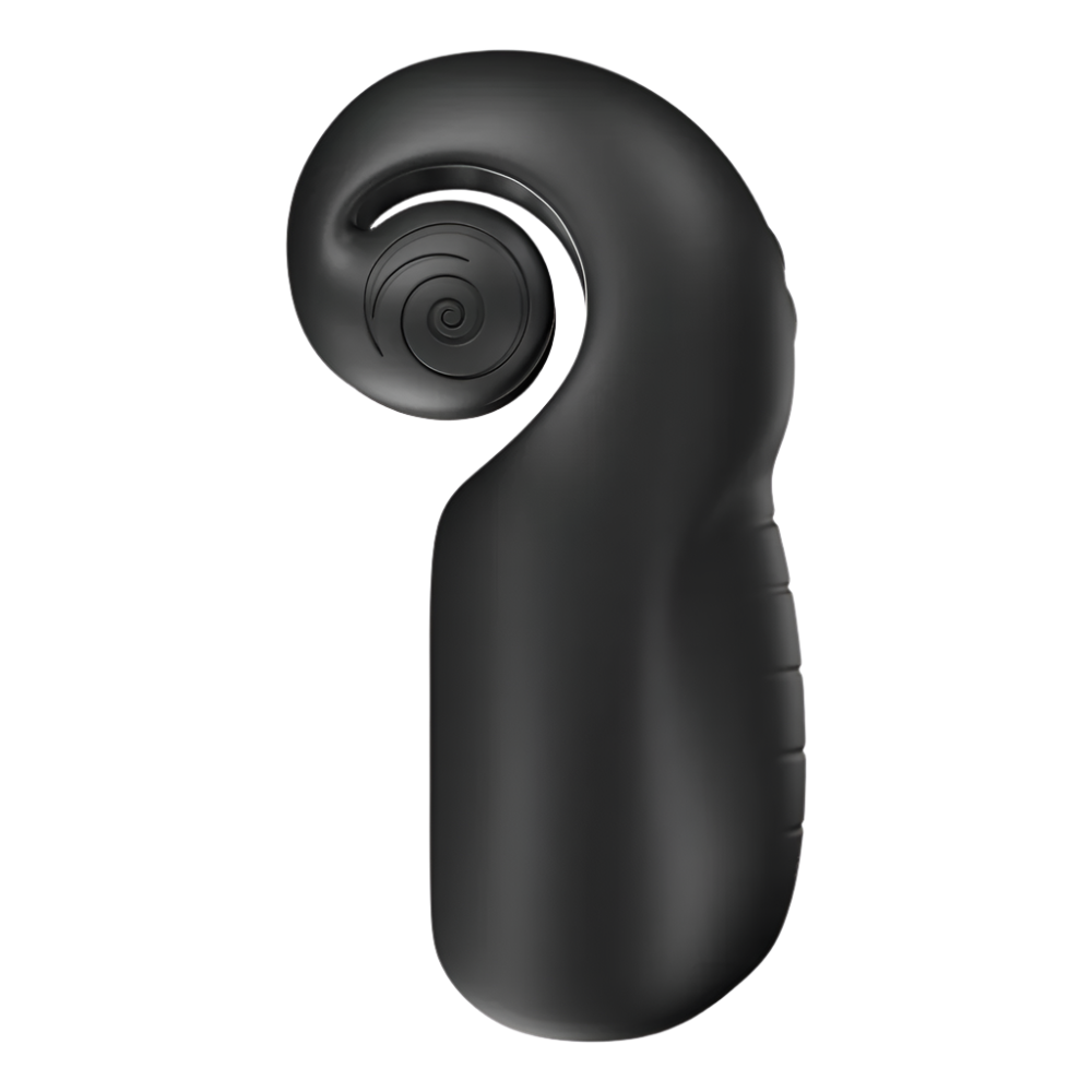 A black, ergonomically designed male masturbator with a spiral head and a curved body.