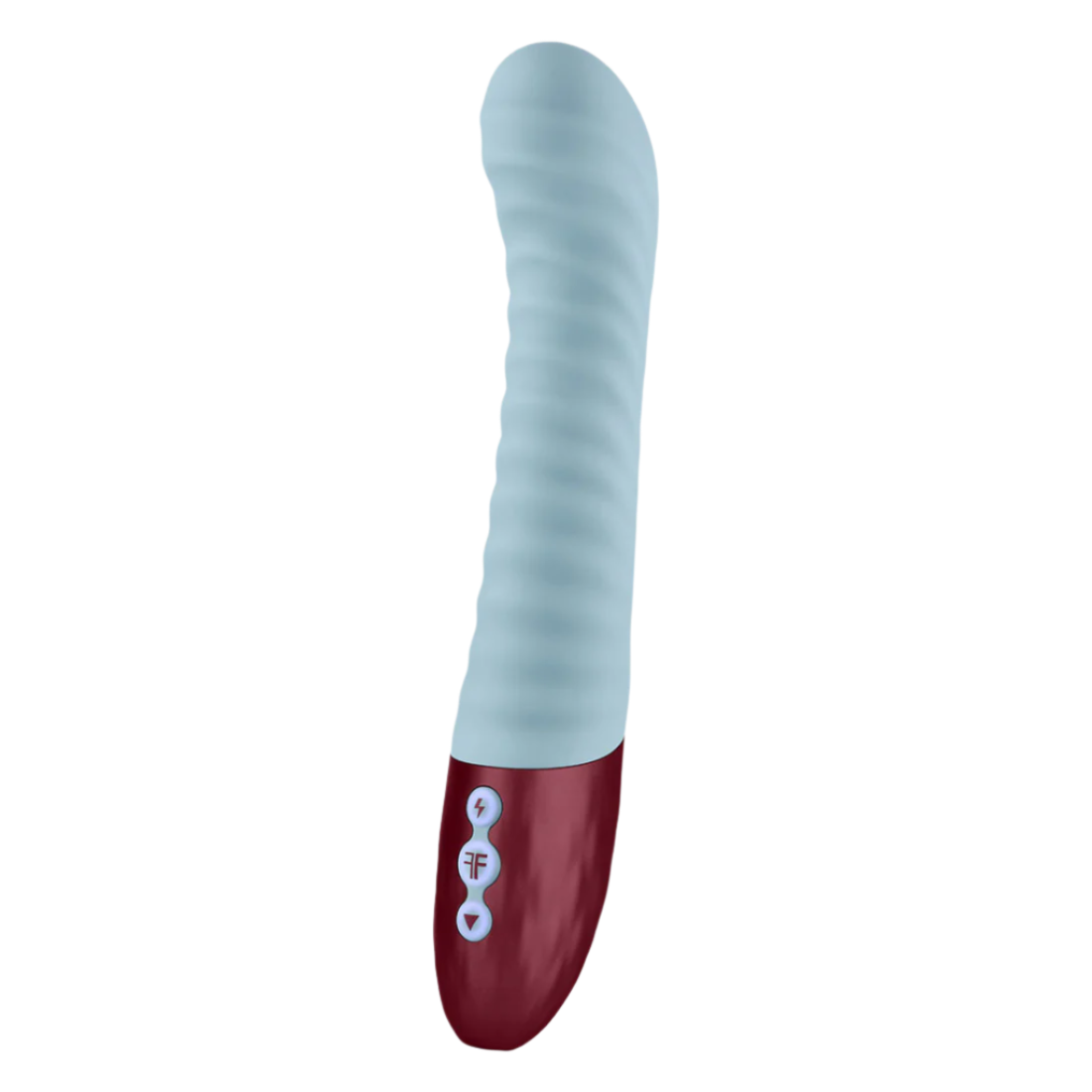 A sleek, cylindrical vibrator with a realistic silicone body in a light blue color. It has two buttons on the base for easy control and features a smooth, rounded tip for stimulation.