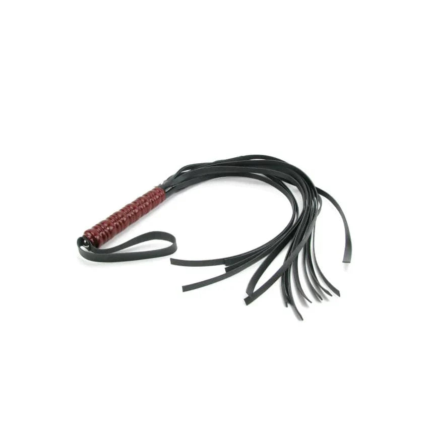 
                  
                    A black flogger with a red and brown wooden handle, with black vinyl tassels attached to the handle.
                  
                